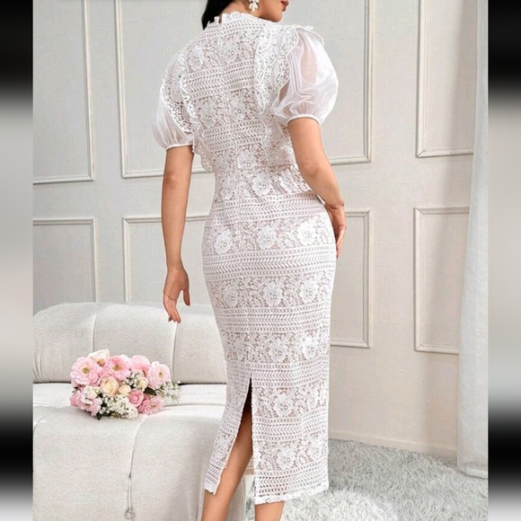 Guipure Lace Puff Sleeve Split Back Dress Long Evening Dresses - Picture 2 of 5